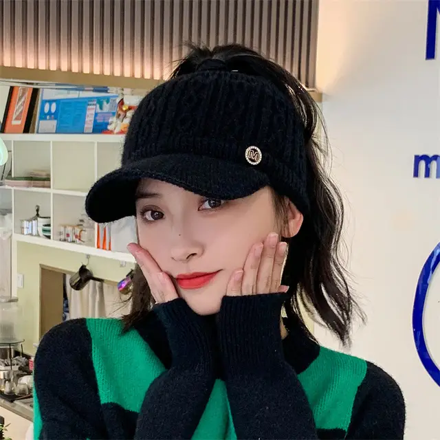 Autumn And Winter Korean Style Versatile Knitted Rabbit Fur Knitted Hat Fleece lined Thick Warm Earflaps Peaked Cap Black - Shop at LoveMi