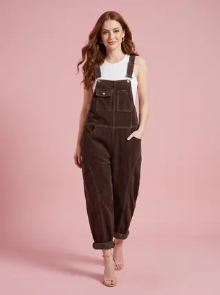 Women's Wide Leg Suspender Washed Corduroy Overalls - Brown