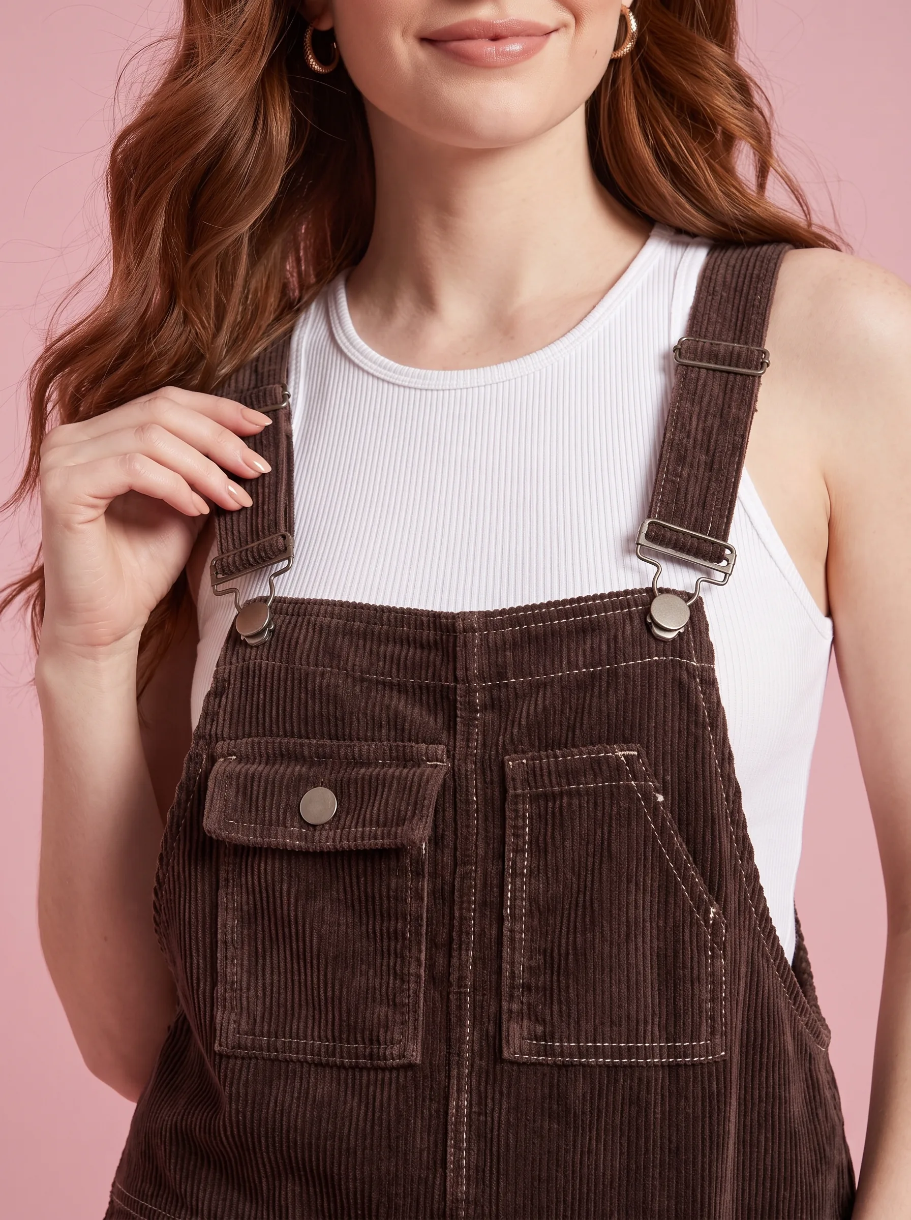 Women's Wide Leg Suspender Washed Corduroy Overalls - Brown - View 2