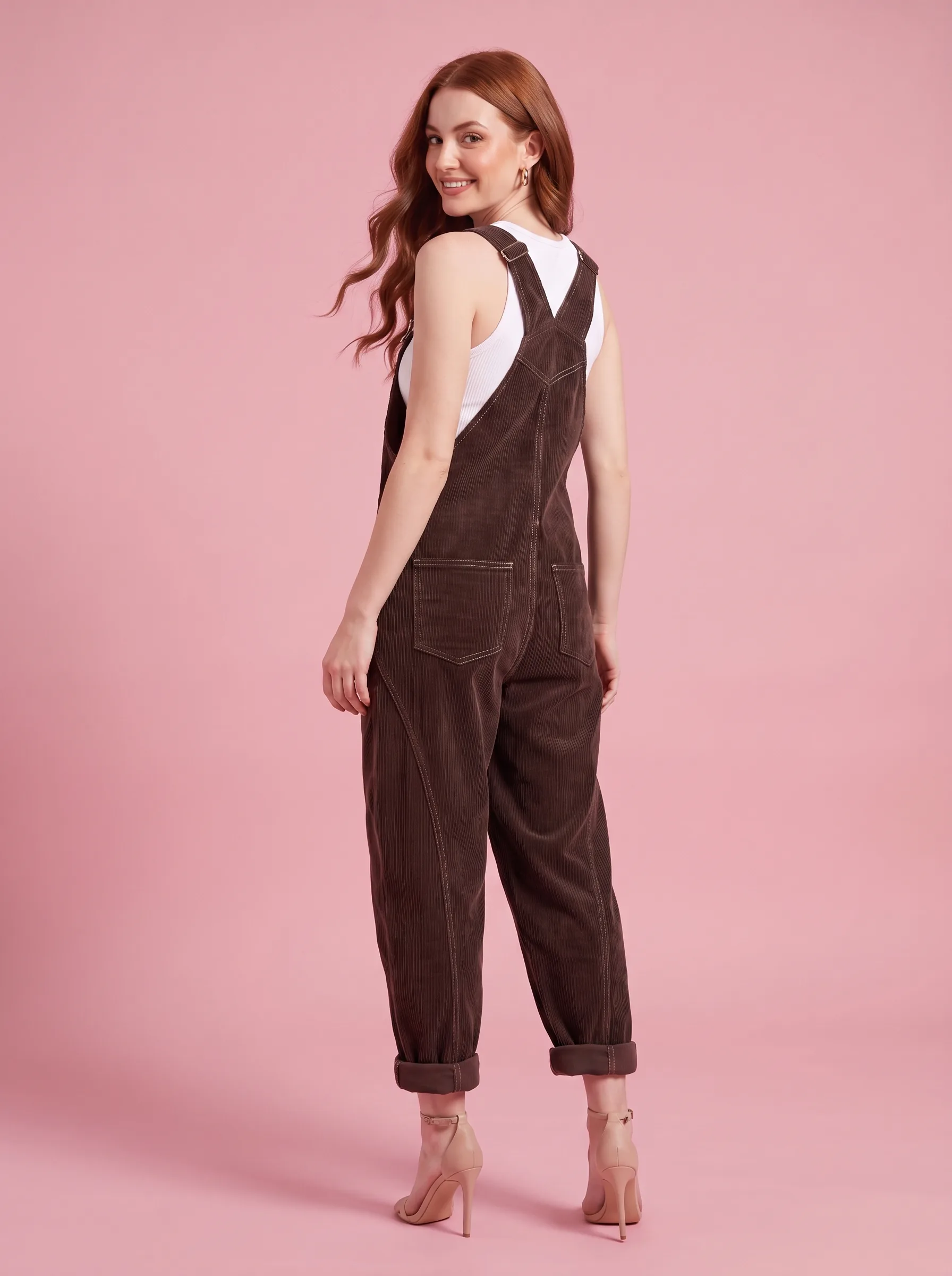 Women's Wide Leg Suspender Washed Corduroy Overalls - Brown - View 3