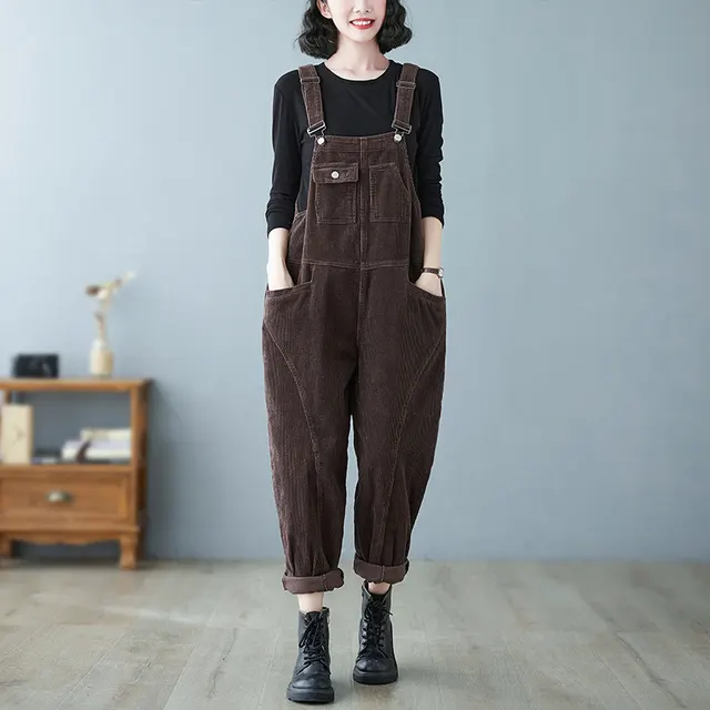 Women's Wide Leg Suspender Washed Corduroy Overalls Brown - Shop at LoveMi