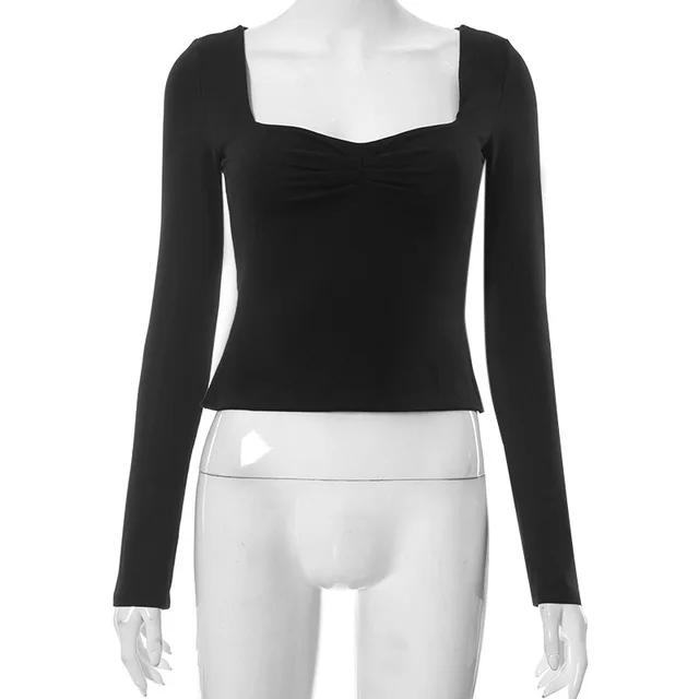 Autumn Ins New Solid Color Square Collar Long Sleeve Pleated Side Slit Top T shirt For Women Black - Shop at LoveMi