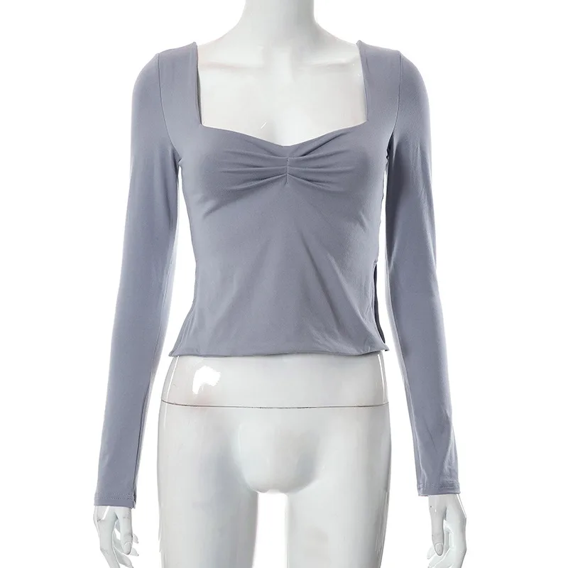 Autumn Ins New Solid Color Square Collar Long Sleeve Pleated Side Slit Top T shirt For Women Gray - Shop at LoveMi
