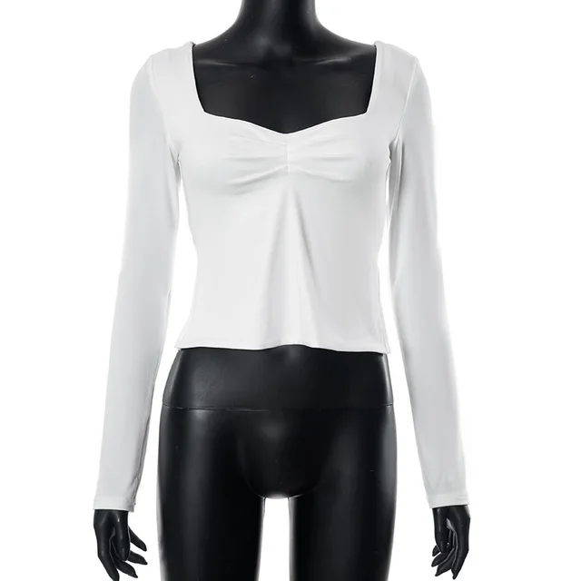 Autumn Ins New Solid Color Square Collar Long Sleeve Pleated Side Slit Top T shirt For Women White - Shop at LoveMi