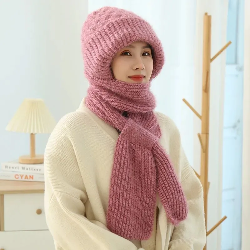 Women's Fleece-lined Scarf And Hat Winter Warm Knitted Hat Scarf - Pink