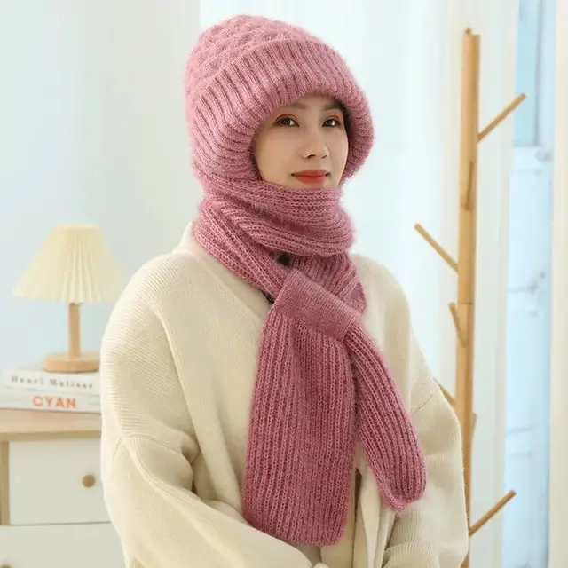 Women's Fleece lined Scarf And Hat Winter Warm Knitted Hat Scarf Pink - Shop at LoveMi