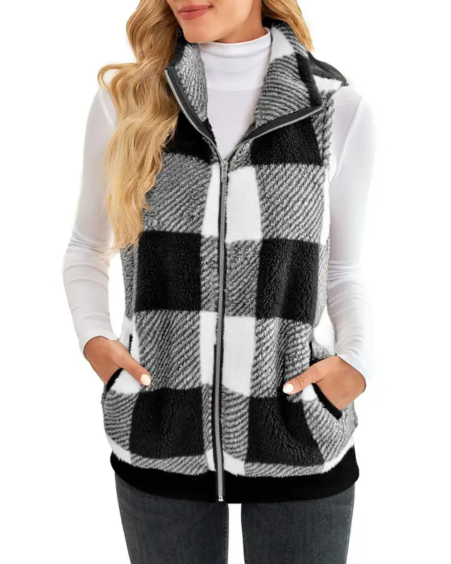 Thick Checks Double sided Velvet Cardigan Vest Stand Collar Sleeveless Coat Black - Shop at LoveMi