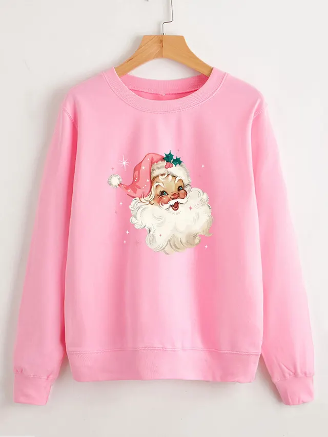 Santa Claus Pattern Women's Round Neck Long Sleeve Sweater Pink - Shop at LoveMi