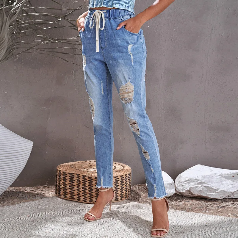 Women's Lace Up Nine Points Skinny Pants - Light Blue - View 1