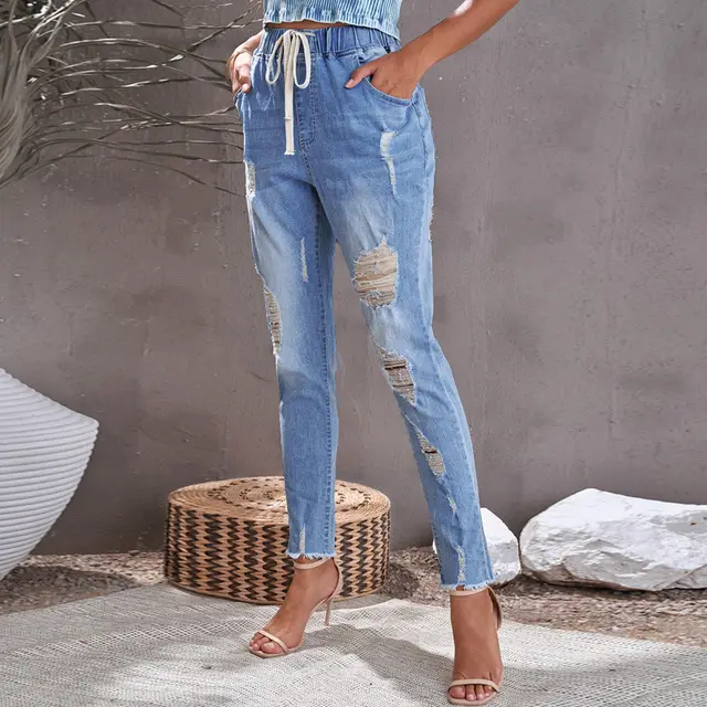 Women's Lace Up Nine Points Skinny Pants Light Blue - Shop at LoveMi