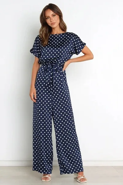 Women's Round Neck Short Sleeve Polka Dot Printed Lace Up Waist tight Jumpsuit Picture Color - Shop at LoveMi