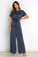 Women's Round Neck Short Sleeve Polka Dot Printed Lace Up Waist-tight Jumpsuit - View 1