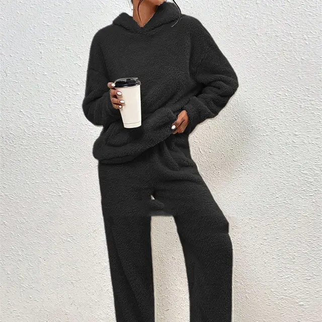 Fleece lined Hooded Long Sleeve Dimensional Patch Pocket Casual Trousers Solid Color Suit Black - Shop at LoveMi