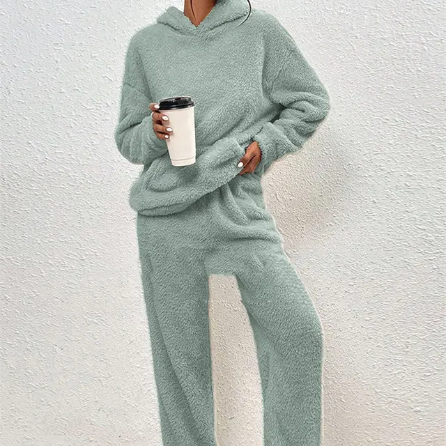 Fleece lined Hooded Long Sleeve Dimensional Patch Pocket Casual Trousers Solid Color Suit Emerald - Shop at LoveMi