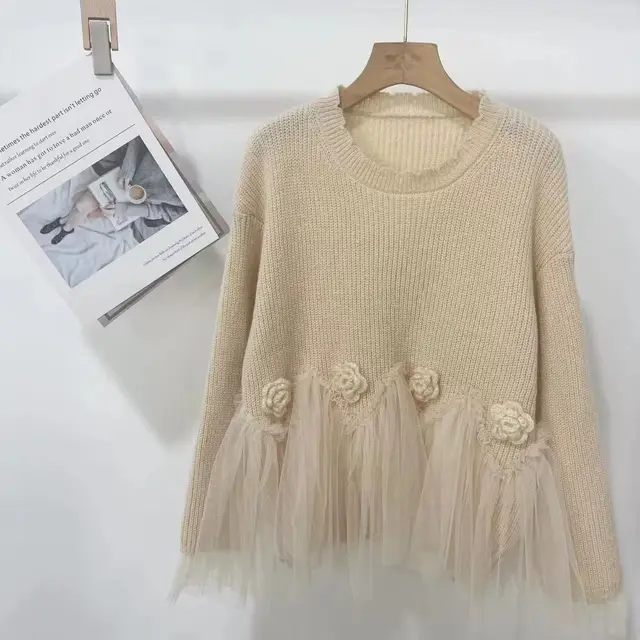 Women's Fashion Sweet Mesh Patchwork Knit Sweater Creamy White - Shop at LoveMi