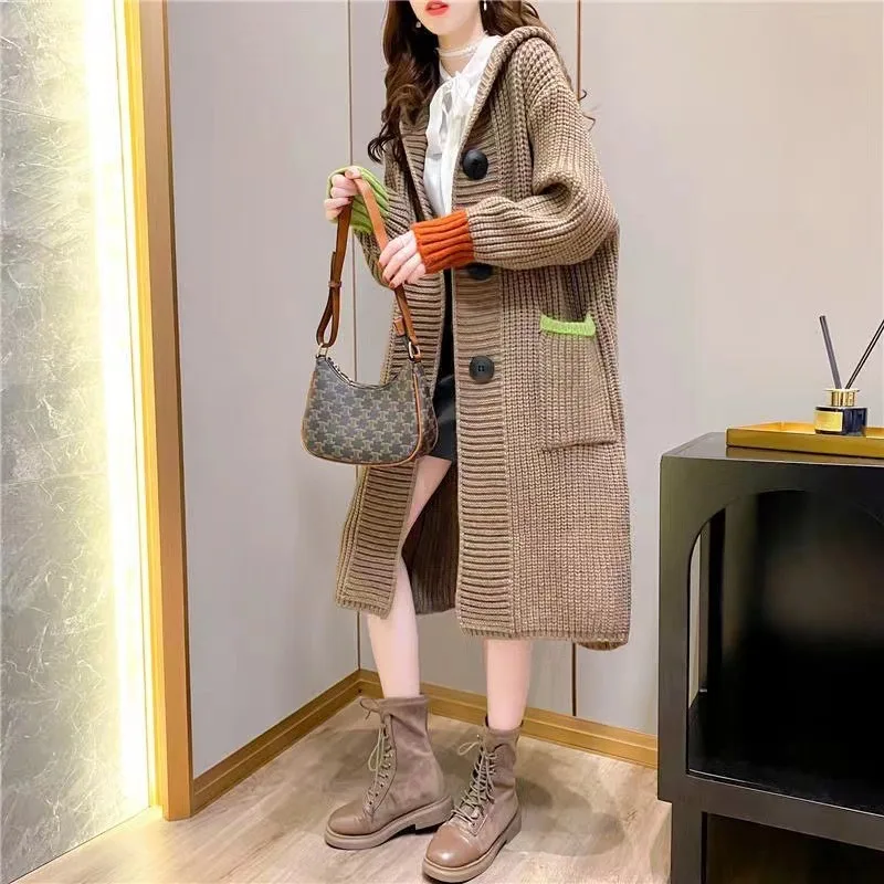 Autumn And Winter Thickening Sweater Loose Contrast Color Hooded Thick Thread Knitted Cardigan Jacket Brown - Shop at LoveMi
