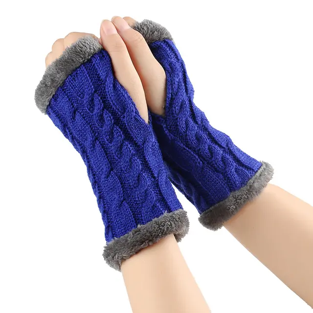 Winter Plush Gloves Twist Knitted Fingerless Fleece Gloves Women Warm Thickened Woolen Gloves Blue - Shop at LoveMi