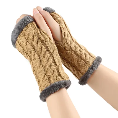 Winter Plush Gloves Twist Knitted Fingerless Fleece Gloves Women Warm Thickened Woolen Gloves Camel - Shop at LoveMi