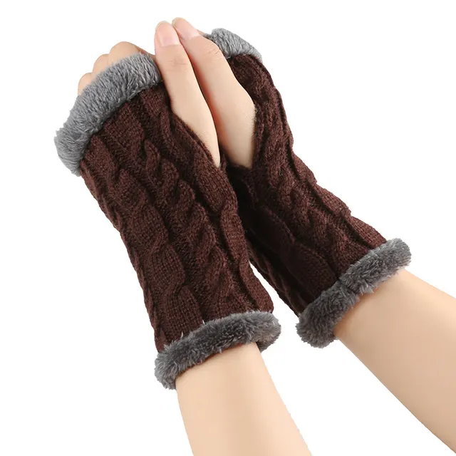 Winter Plush Gloves Twist Knitted Fingerless Fleece Gloves Women Warm Thickened Woolen Gloves Coffee - Shop at LoveMi