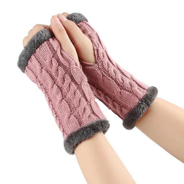 Winter Plush Gloves Twist Knitted Fingerless Fleece Gloves Women Warm Thickened Woolen Gloves Leather Purple - Shop at LoveMi