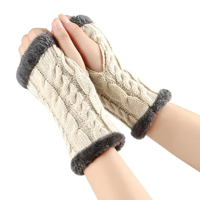 Winter Plush Gloves Twist Knitted Fingerless Fleece Gloves Women Warm Thickened Woolen Gloves Light Beige - Shop at LoveMi