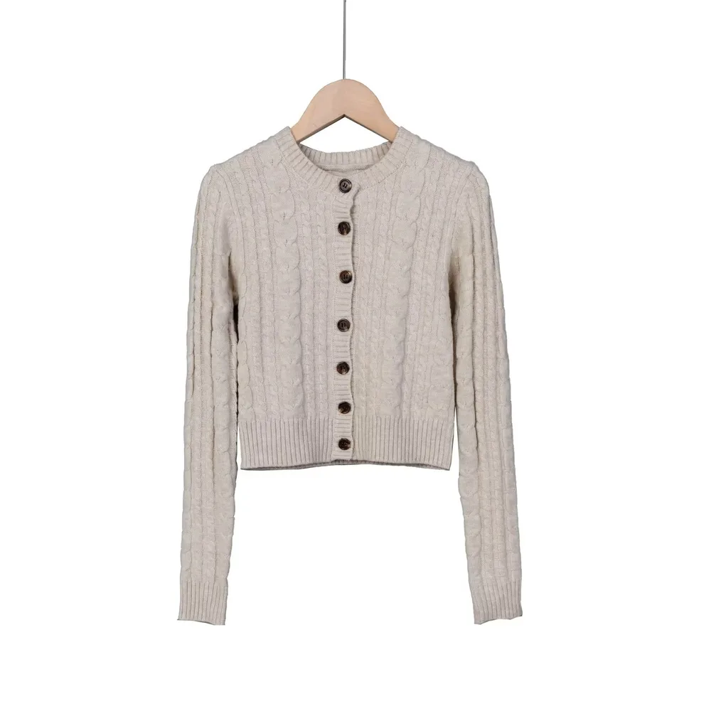 Women's American style Retro Button Twist Long sleeved Sweater Creamy White - Shop at LoveMi