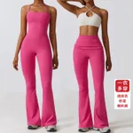 Women's Tight Yoga Jumpsuit Nude Feel Nylon Bell-bottom Pants - Rose Red