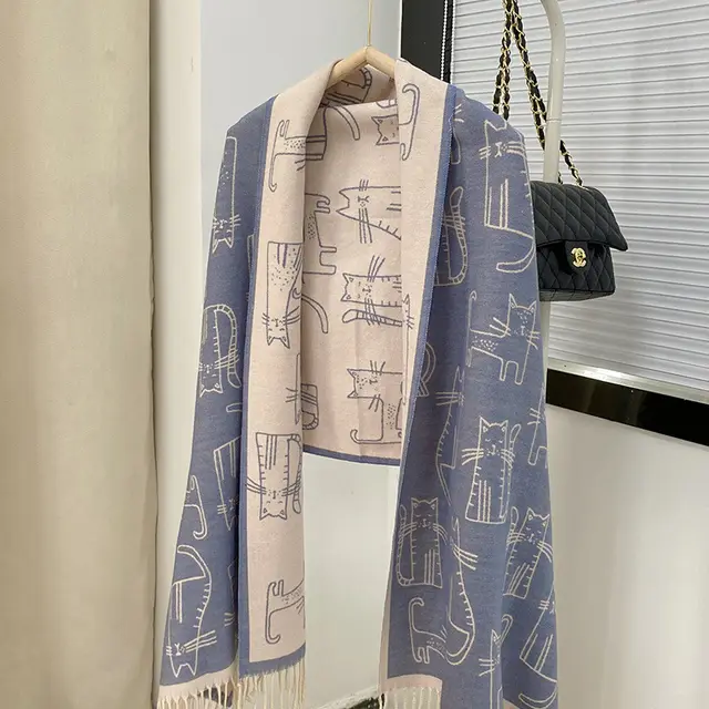 Jacquard Cat Cashmere All match And Cute Winter Scarf Haze Blue - Shop at LoveMi