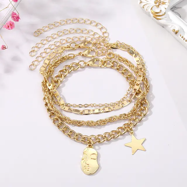 Retro Five pointed Star Bracelet Four piece Set Gold - Shop at LoveMi