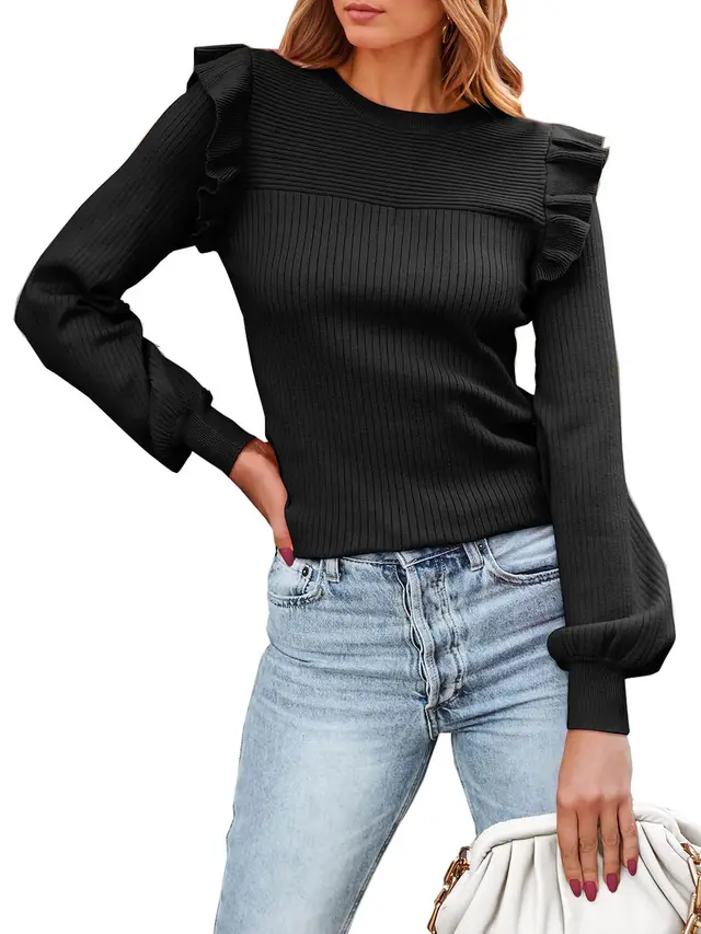 Ruffled Shoulder Long Sleeve Round Neck Slim Rib Knitted Sweater Black - Shop at LoveMi