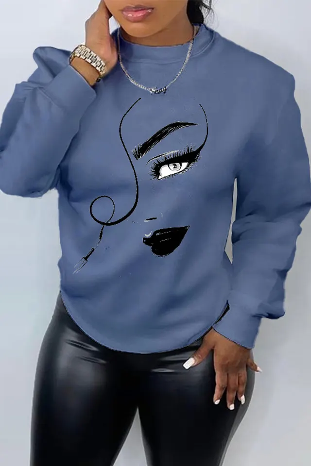 Printed Long Sleeve Crew Neck Casual Loose Sweater Blue - Shop at LoveMi