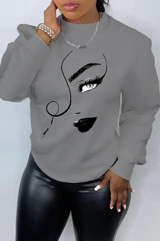 Printed Long Sleeve Crew Neck Casual Loose Sweater Gray - Shop at LoveMi