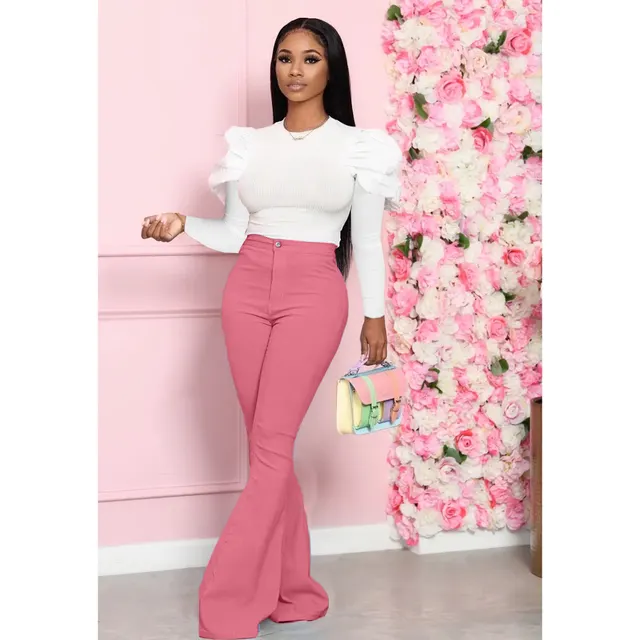 Solid Color Woven Bell bottom Pants Suit Rose Red - Shop at LoveMi