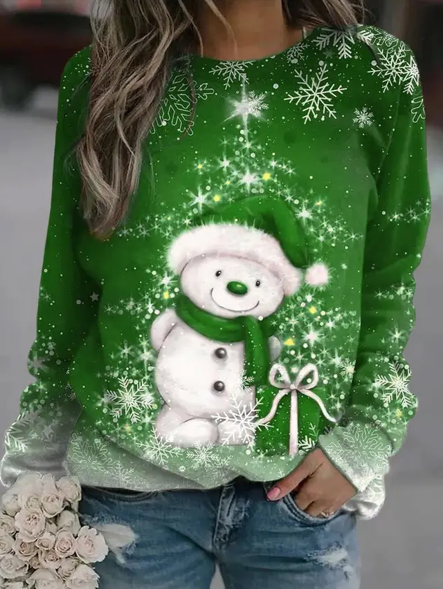 Women's Printed Round Neck Long sleeved Sweater Green - Shop at LoveMi