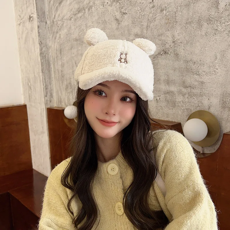Little Bear Niche Cute Cartoon Autumn And Winter Lamb Fur Peaked Cap White - Shop at LoveMi