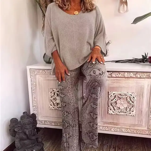 Women's Solid Color Top Printed Trousers Suit Apricot - Shop at LoveMi