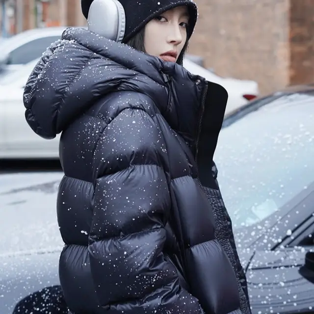 Bakery Long Hooded White Duck Down Couple Winter Coat Women Black - Shop at LoveMi