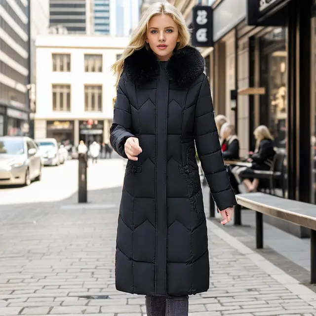 Winter Long Coat With Thickened Fur Collar Straight Slim Cotton padded Jacket Women Black - Shop at LoveMi