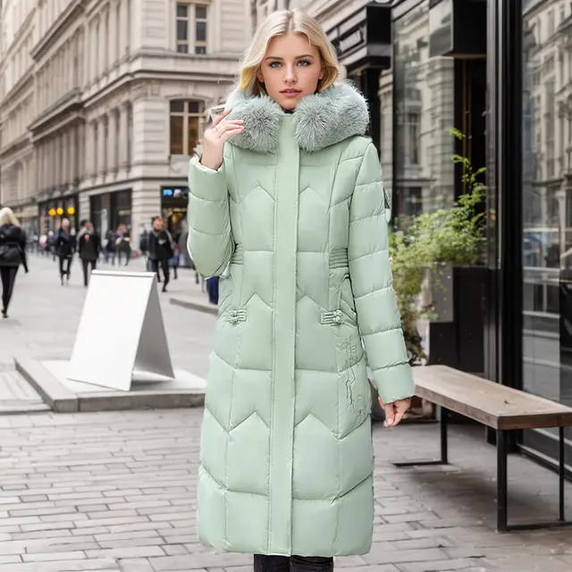 Winter Long Coat With Thickened Fur Collar Straight Slim Cotton padded Jacket Women Light Green - Shop at LoveMi