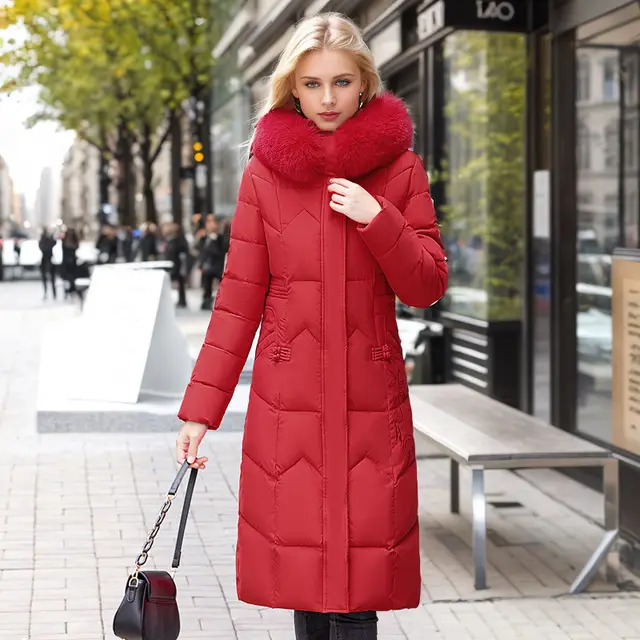 Winter Long Coat With Thickened Fur Collar Straight Slim Cotton padded Jacket Women Red - Shop at LoveMi