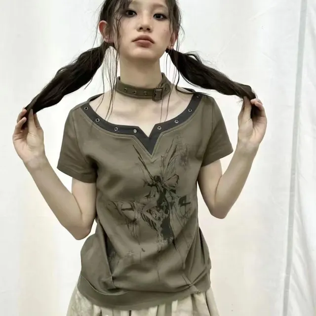 Punk Style Millennium Y2K Spicy Girl Niche T shirt Top Green - Shop at LoveMi