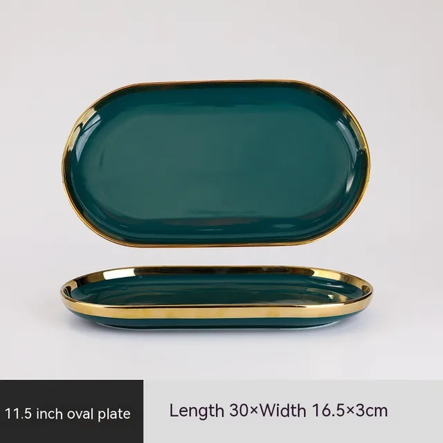 Ceramic Bowl Suit Peacock Green Plate Dinner Oval Disk - Shop at LoveMi