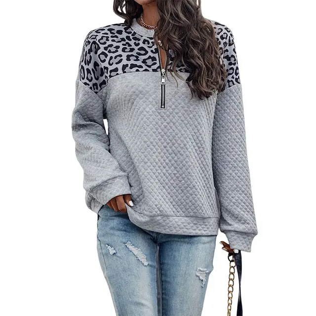 Winter New Leopard Splicing Drop Shoulder Zipper Sweater For Women Gray - Shop at LoveMi