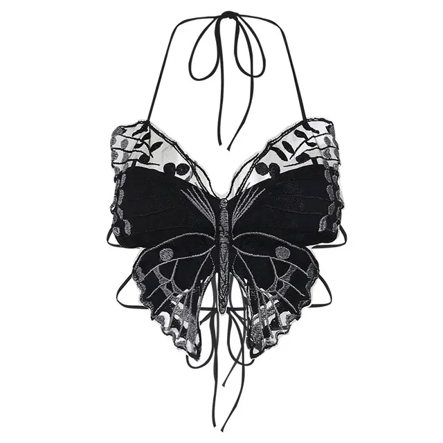 Summer Design Street Dark Butterfly Lace Top With Narrow Straps Black - Shop at LoveMi