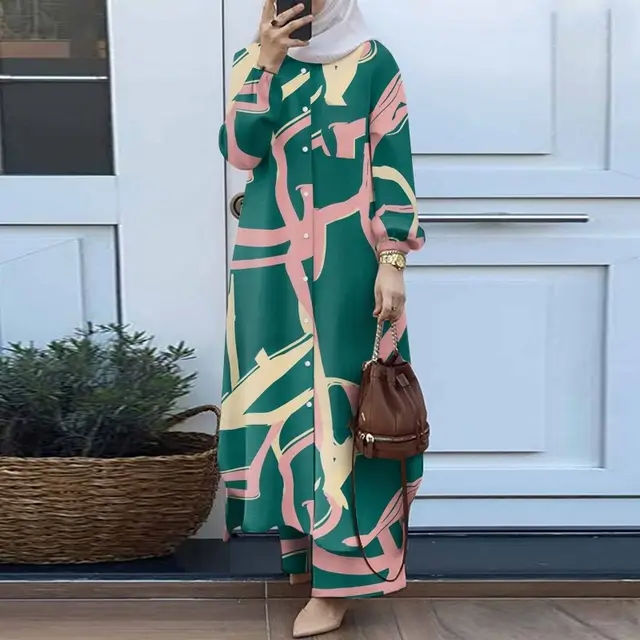 Muslim Suit Two piece Spring And Autumn Clothing Retro Long Shirt Wide Leg Pants Suit Green - Shop at LoveMi