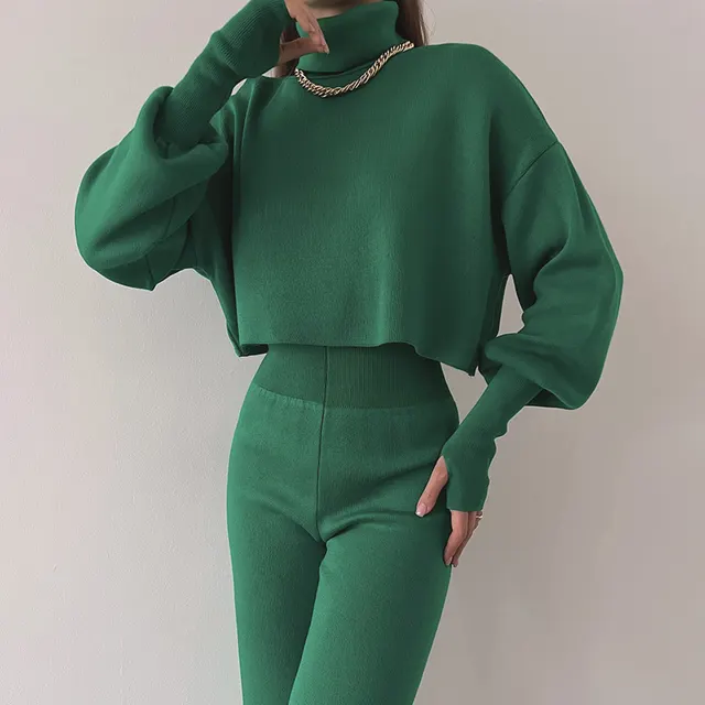 Autumn And Winter New European And American Turtleneck Loose Long Sleeve Top Female Casual Fashion Set Green - Shop at LoveMi