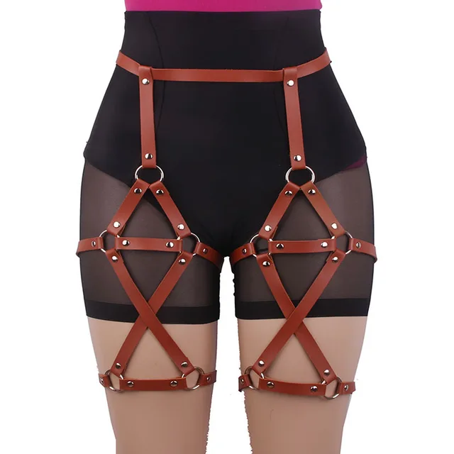 Double row Cross Adjustable Leather Leg Ring Belt Integrated Suspenders Brown - Shop at LoveMi