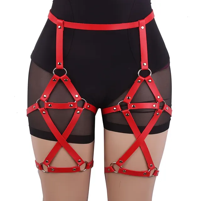 Double row Cross Adjustable Leather Leg Ring Belt Integrated Suspenders Red - Shop at LoveMi