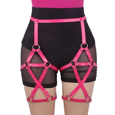 Double row Cross Adjustable Leather Leg Ring Belt Integrated Suspenders Rose Red - Shop at LoveMi