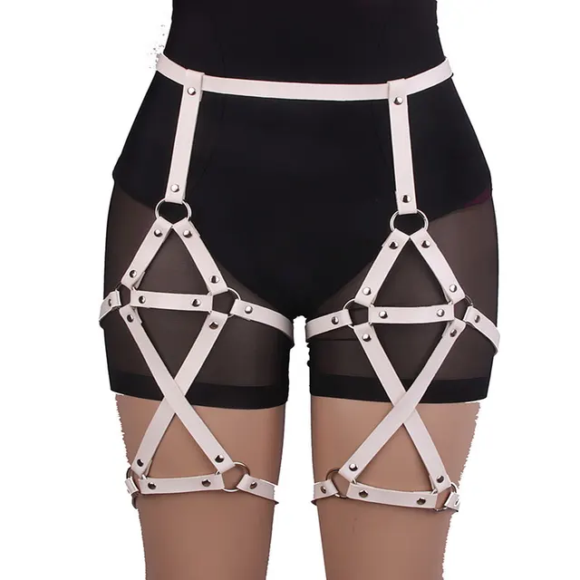 Double row Cross Adjustable Leather Leg Ring Belt Integrated Suspenders White - Shop at LoveMi